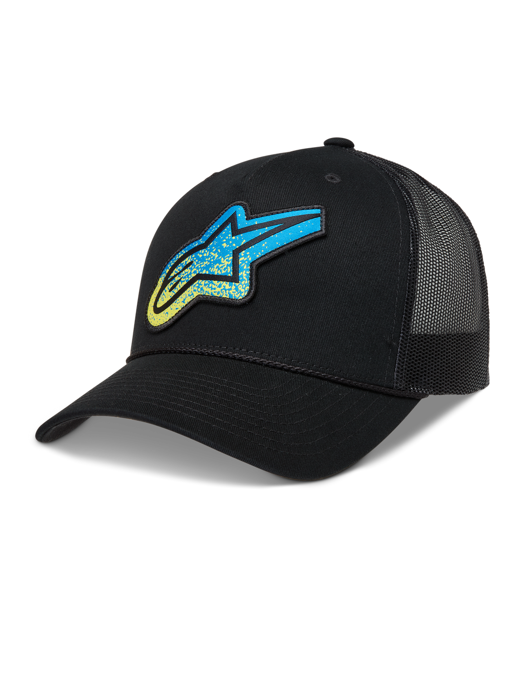 Alpinestars Meteorite Trucker keps, svart sportkeps med blå och gul Astars-logotyp i grustextur och meshbaksida.