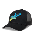 Alpinestars Meteorite Trucker keps, svart sportkeps med blå och gul Astars-logotyp i grustextur och meshbaksida.