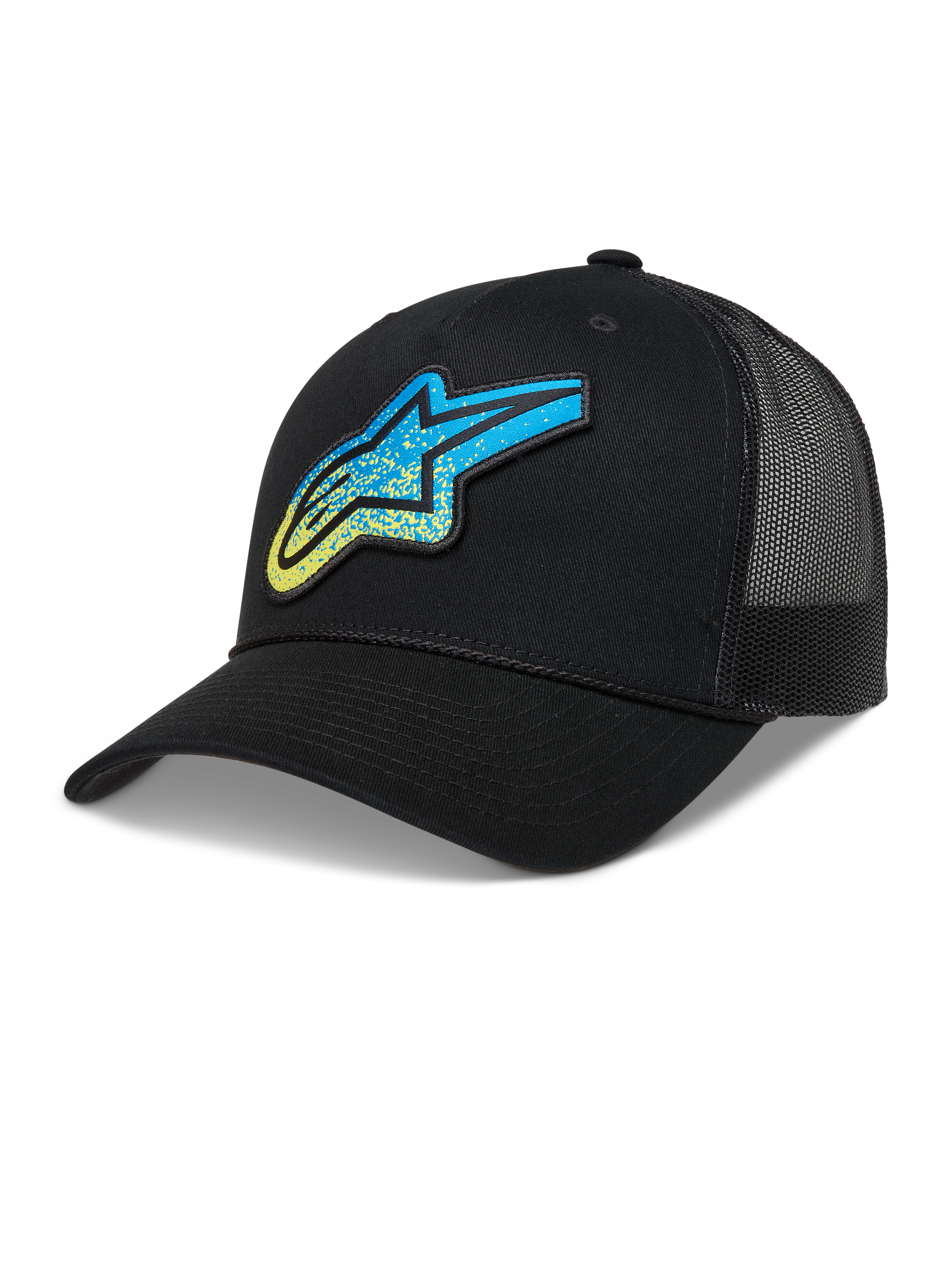 Alpinestars Meteorite Trucker keps, svart sportkeps med blå och gul Astars-logotyp i grustextur och meshbaksida.