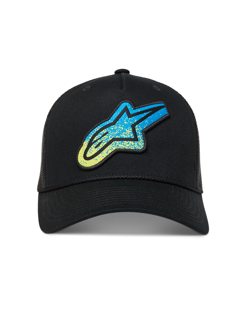 Alpinestars Meteorite Trucker keps, svart sportkeps med blå och gul grustexturerad Astar-logotyp och baksida i mesh.