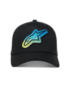 Alpinestars Meteorite Trucker keps, svart sportkeps med blå och gul grustexturerad Astar-logotyp och baksida i mesh.