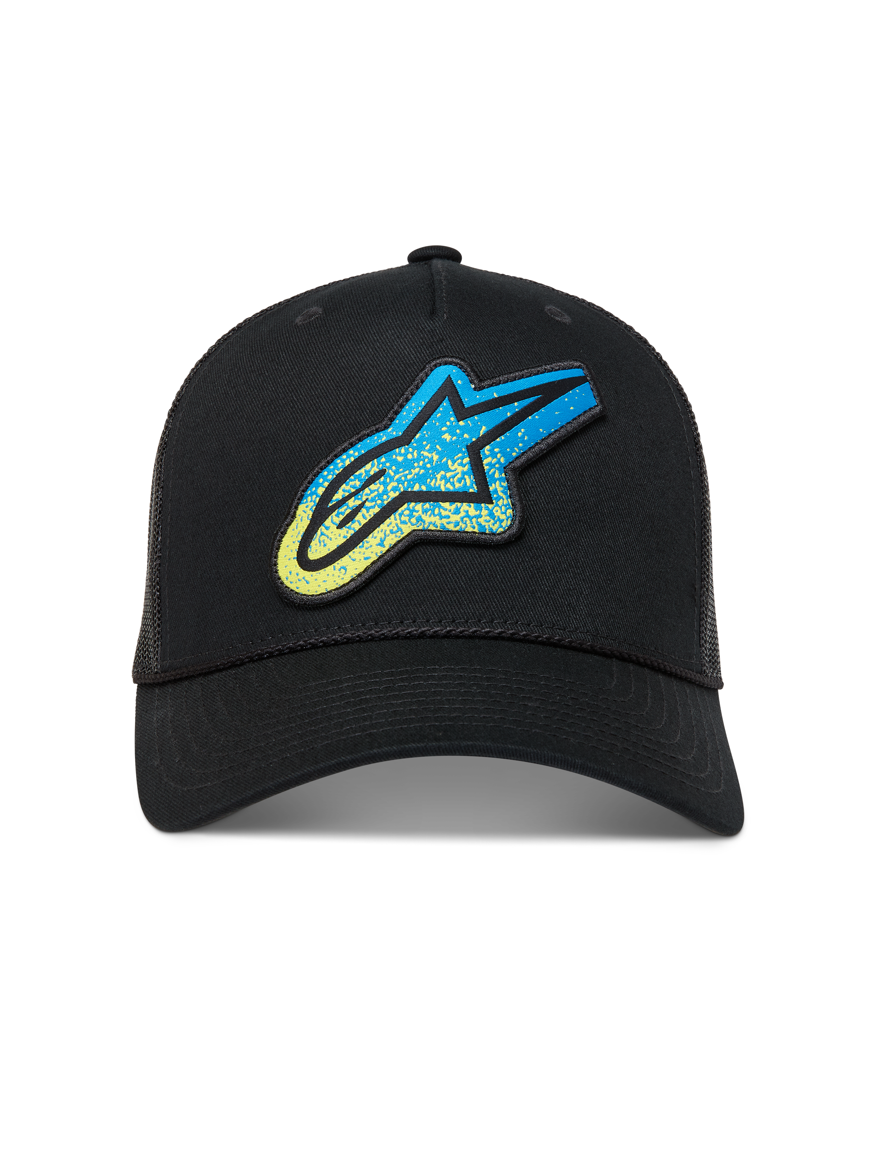 Alpinestars Meteorite Trucker keps, svart sportkeps med blå och gul grustexturerad Astar-logotyp och baksida i mesh.