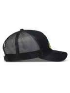 Alpinestars Meteorite Trucker keps, svart sportkeps med ventilerande meshbaksida, böjd skärm och snapback-stängning för bekväm passform.