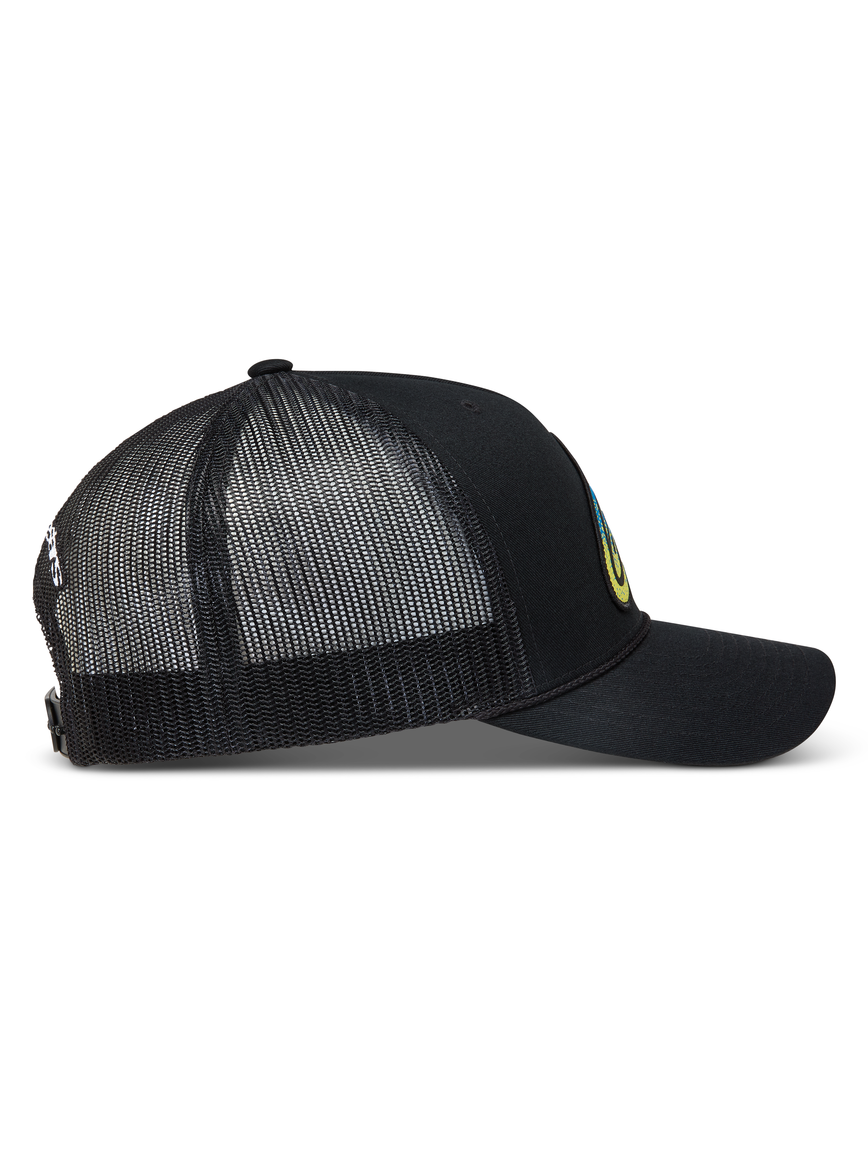 Alpinestars Meteorite Trucker keps, svart sportkeps med ventilerande meshbaksida, böjd skärm och snapback-stängning för bekväm passform.
