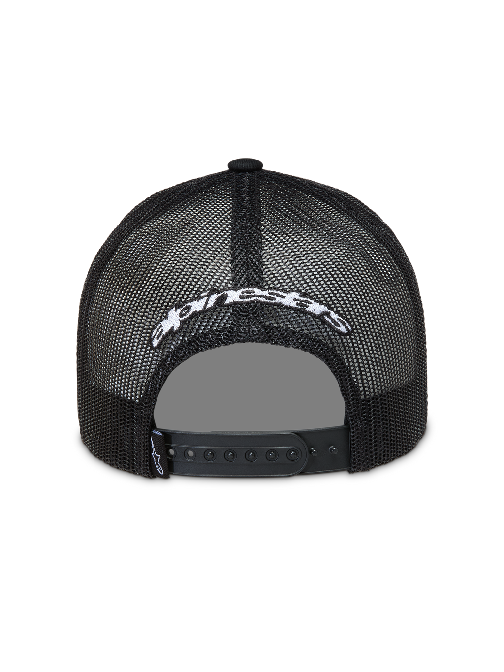 Alpinestars Meteorite Trucker keps, svart meshkeps med vit broderad logotyp och justerbar snapback.