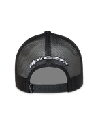 Alpinestars Meteorite Trucker keps, svart meshkeps med vit broderad logotyp och justerbar snapback.