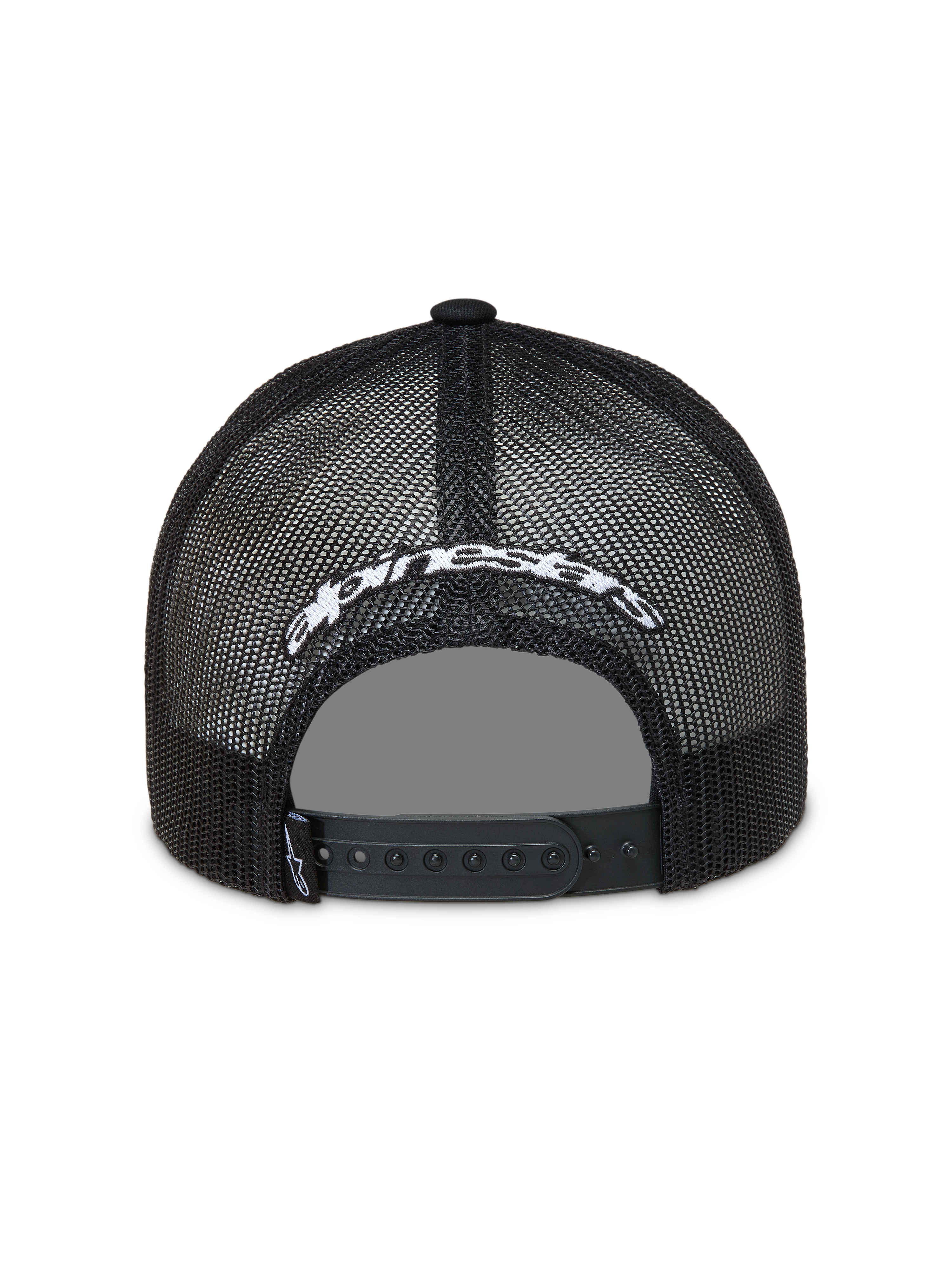 Alpinestars Meteorite Trucker keps, svart meshkeps med vit broderad logotyp och justerbar snapback.