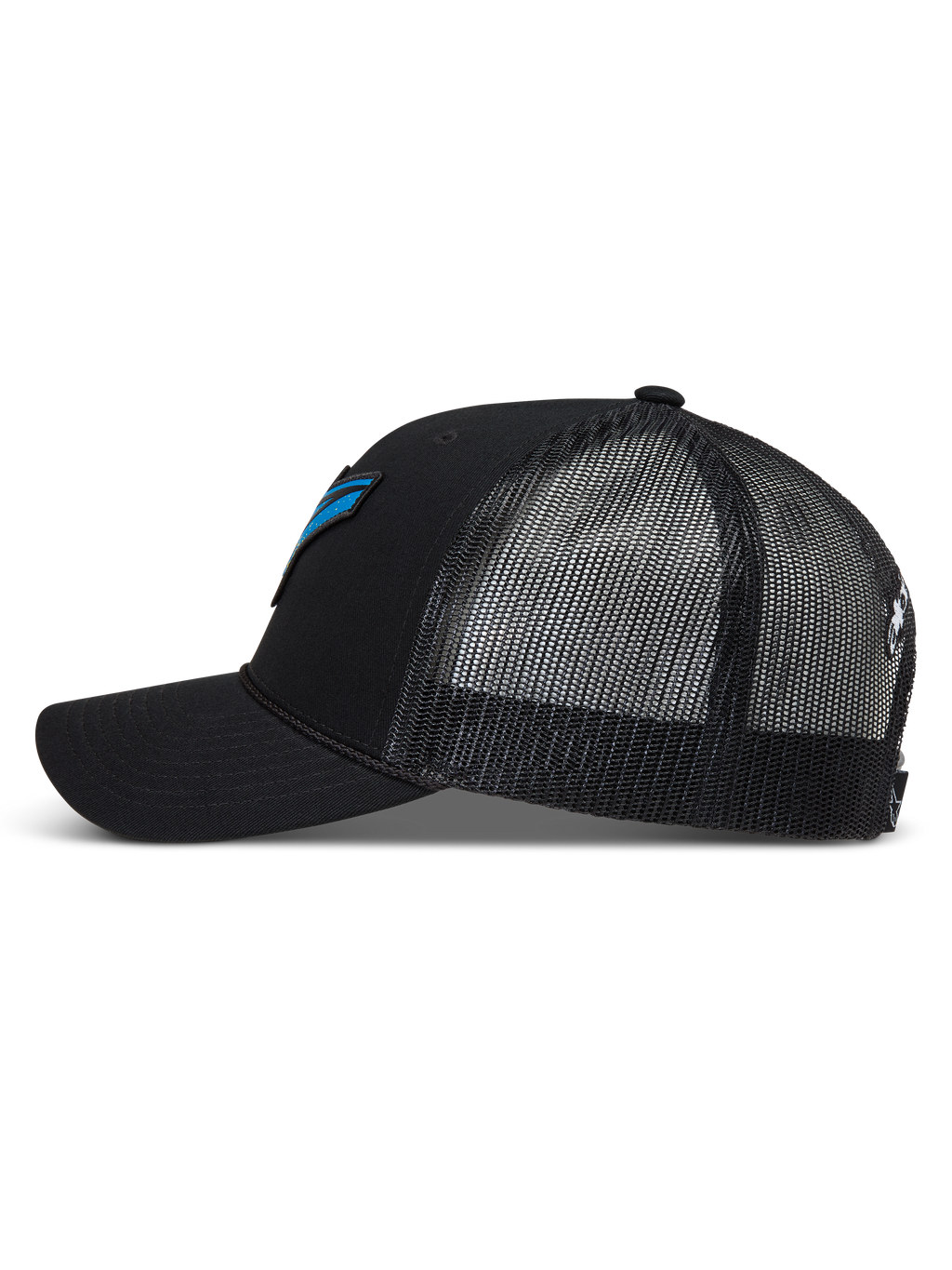 Alpinestars Meteorite Trucker keps, svart med blå detaljer, andningsbar meshbaksida, böjd skärm och strukturerad krona.