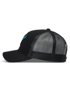 Alpinestars Meteorite Trucker keps, svart med blå detaljer, andningsbar meshbaksida, böjd skärm och strukturerad krona.