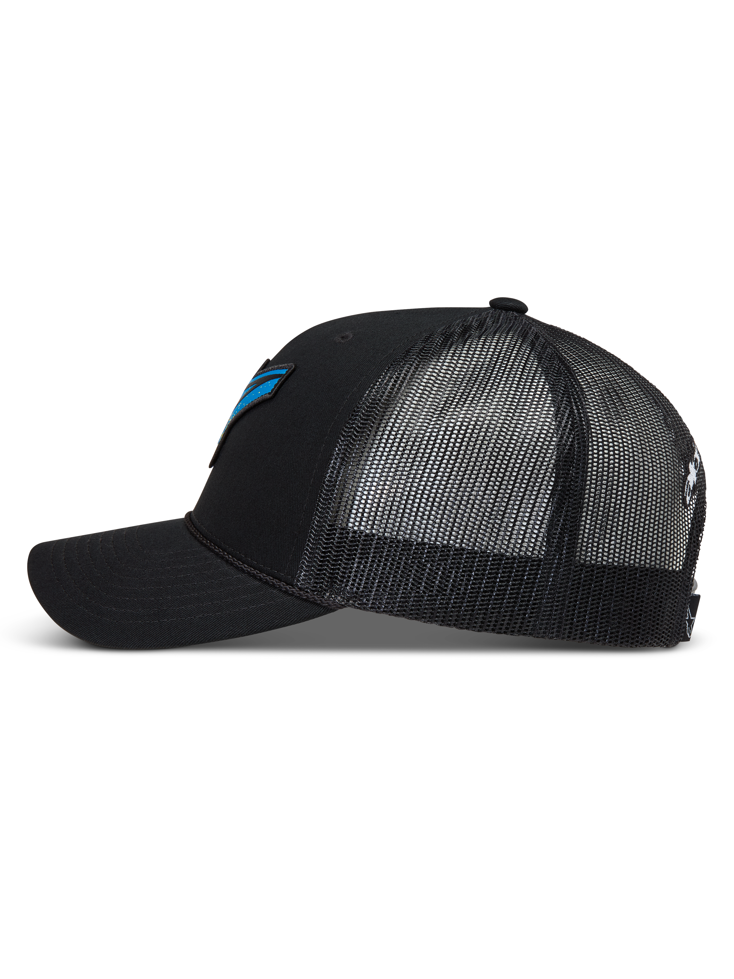 Alpinestars Meteorite Trucker keps, svart med blå detaljer, andningsbar meshbaksida, böjd skärm och strukturerad krona.