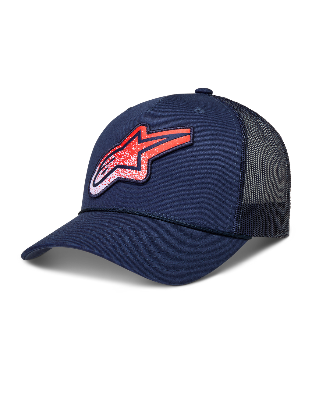 Alpinestars Meteorite trucker-keps, mörkblå och röd lifestyle-keps med strukturerad krona, böjd skärm, ventilerande meshpaneler och texturerad Astars-logotyp framtill.