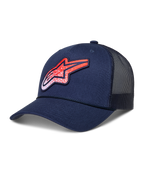 Alpinestars Meteorite trucker-keps, mörkblå och röd lifestyle-keps med strukturerad krona, böjd skärm, ventilerande meshpaneler och texturerad Astars-logotyp framtill.