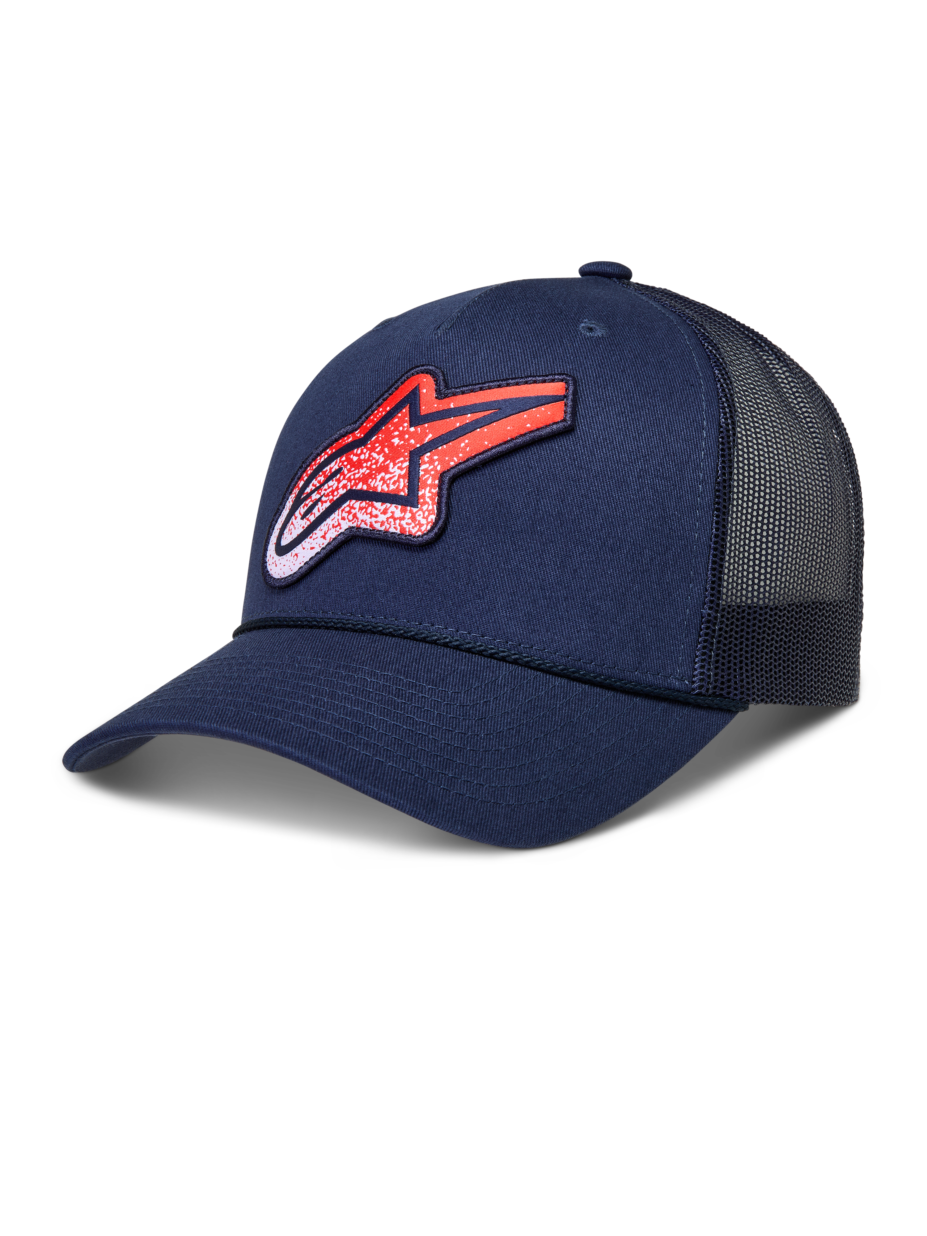 Alpinestars Meteorite trucker-keps, mörkblå och röd lifestyle-keps med strukturerad krona, böjd skärm, ventilerande meshpaneler och texturerad Astars-logotyp framtill.