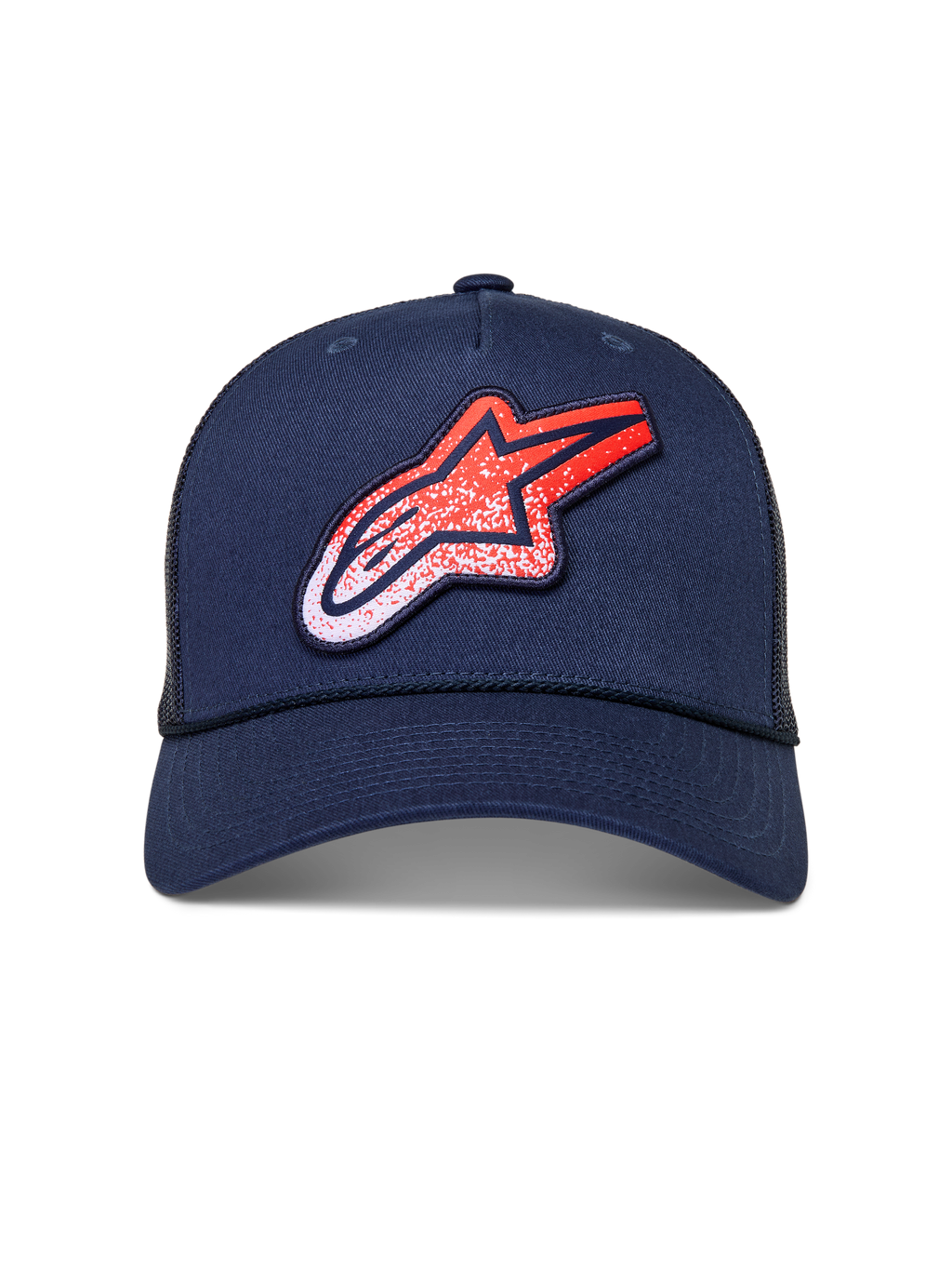 Alpinestars Meteorite Trucker keps, marinblå meshkeps med böjd skärm och röd-vit Astars-logotyp med grustextur.