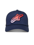 Alpinestars Meteorite Trucker keps, marinblå meshkeps med böjd skärm och röd-vit Astars-logotyp med grustextur.
