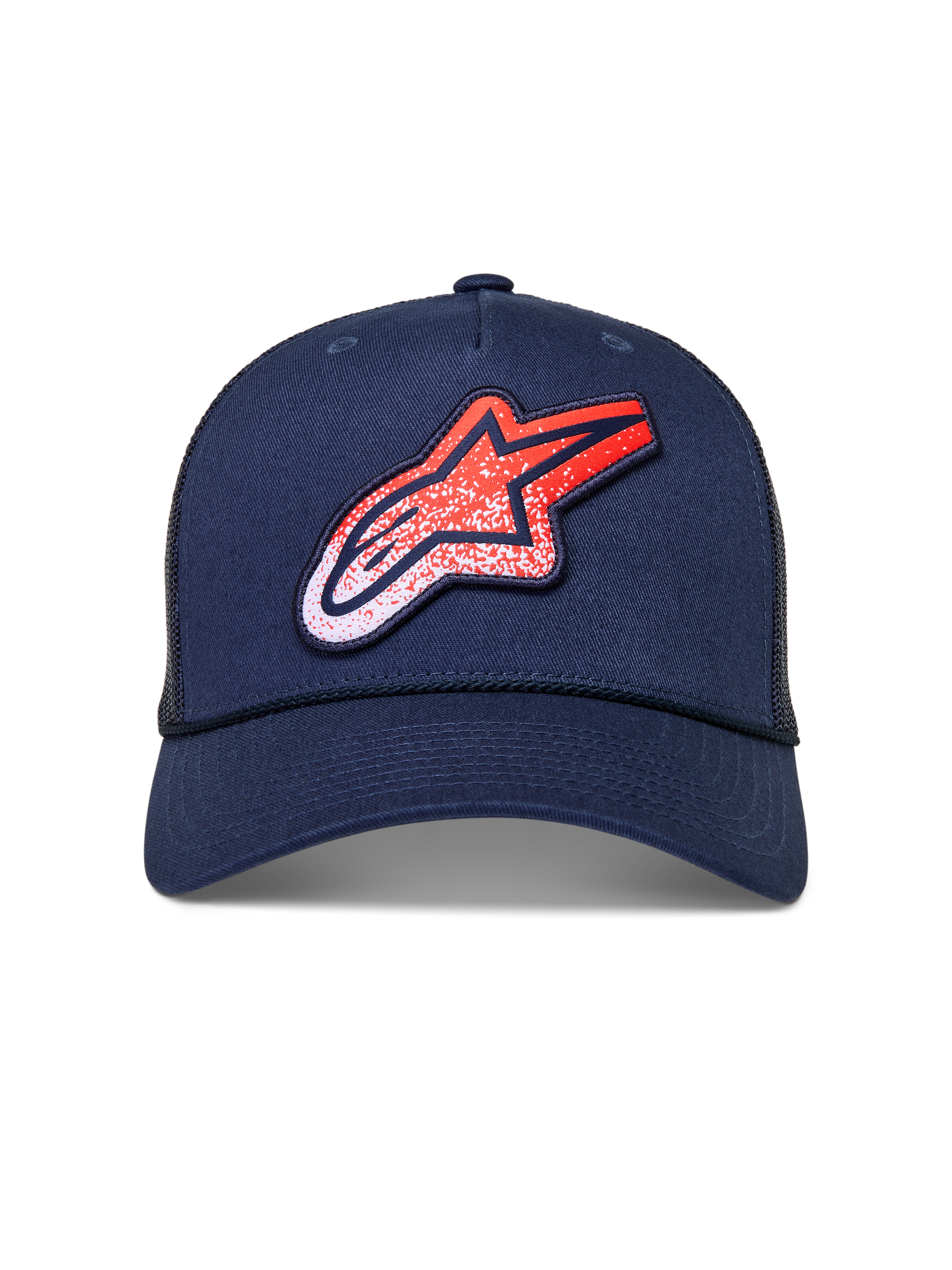 Alpinestars Meteorite Trucker keps, marinblå meshkeps med böjd skärm och röd-vit Astars-logotyp med grustextur.