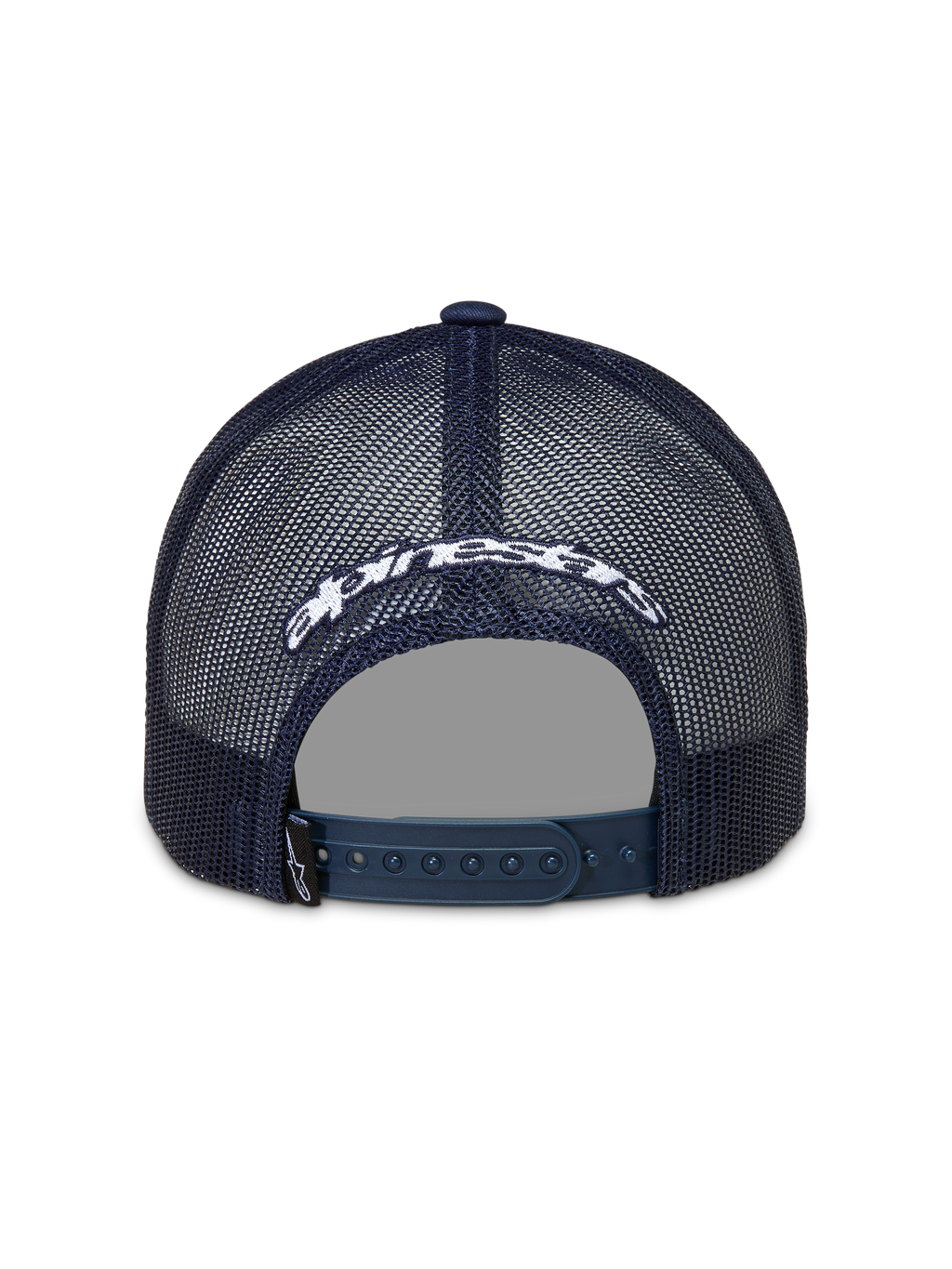 Alpinestars Meteorite Trucker keps, mörkblå keps med vit broderad logotyp, meshbaksida och snapback-stängning