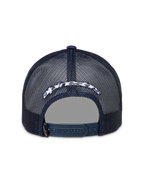 Alpinestars Meteorite Trucker keps, mörkblå keps med vit broderad logotyp, meshbaksida och snapback-stängning