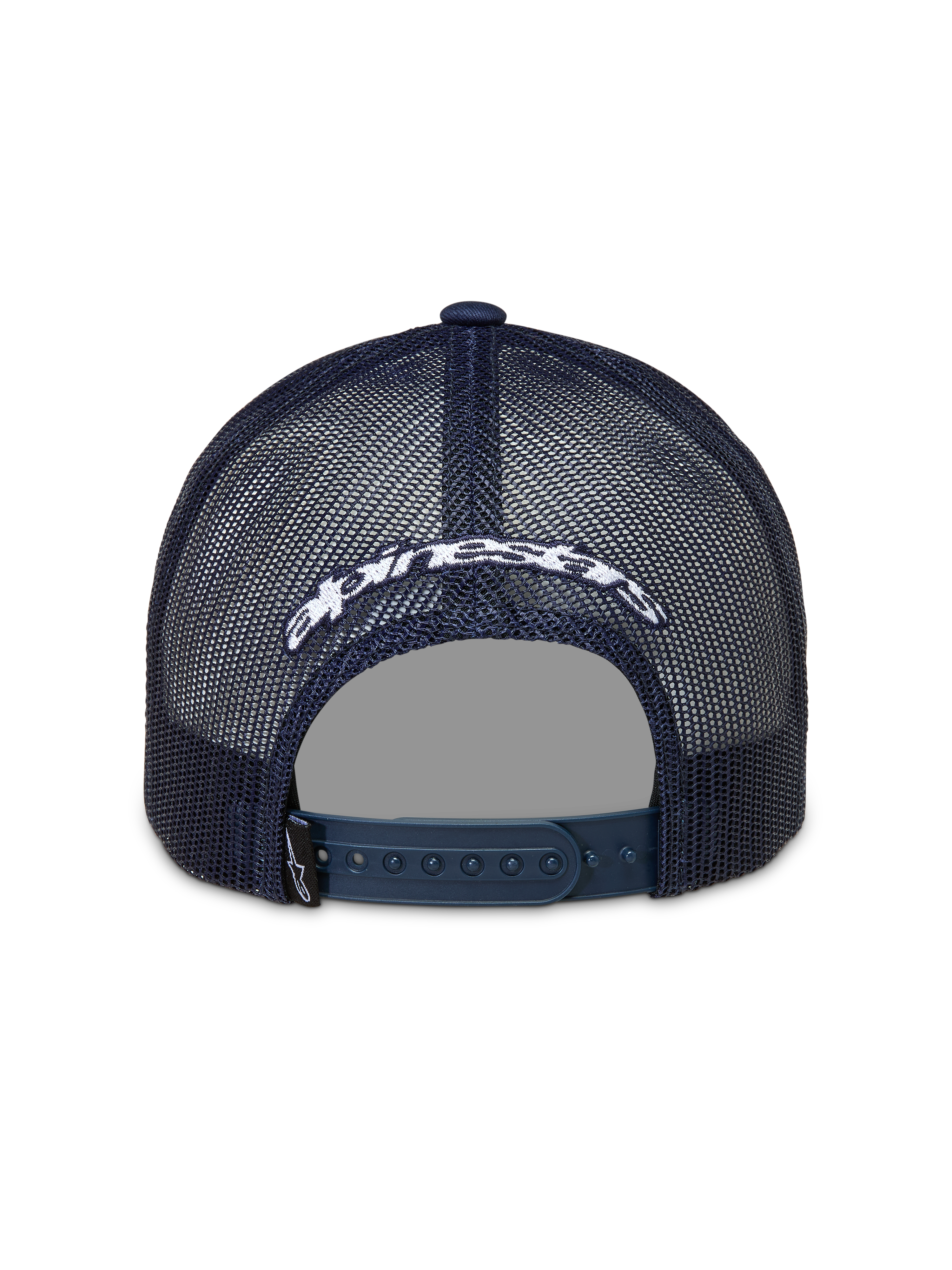 Alpinestars Meteorite Trucker keps, mörkblå keps med vit broderad logotyp, meshbaksida och snapback-stängning