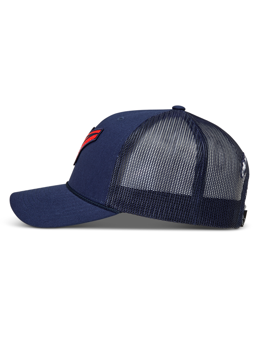 Alpinestars Meteorite keps, mörkblå truckerkeps med nätbaksida, böjd skärm och röd logotyp-patch.