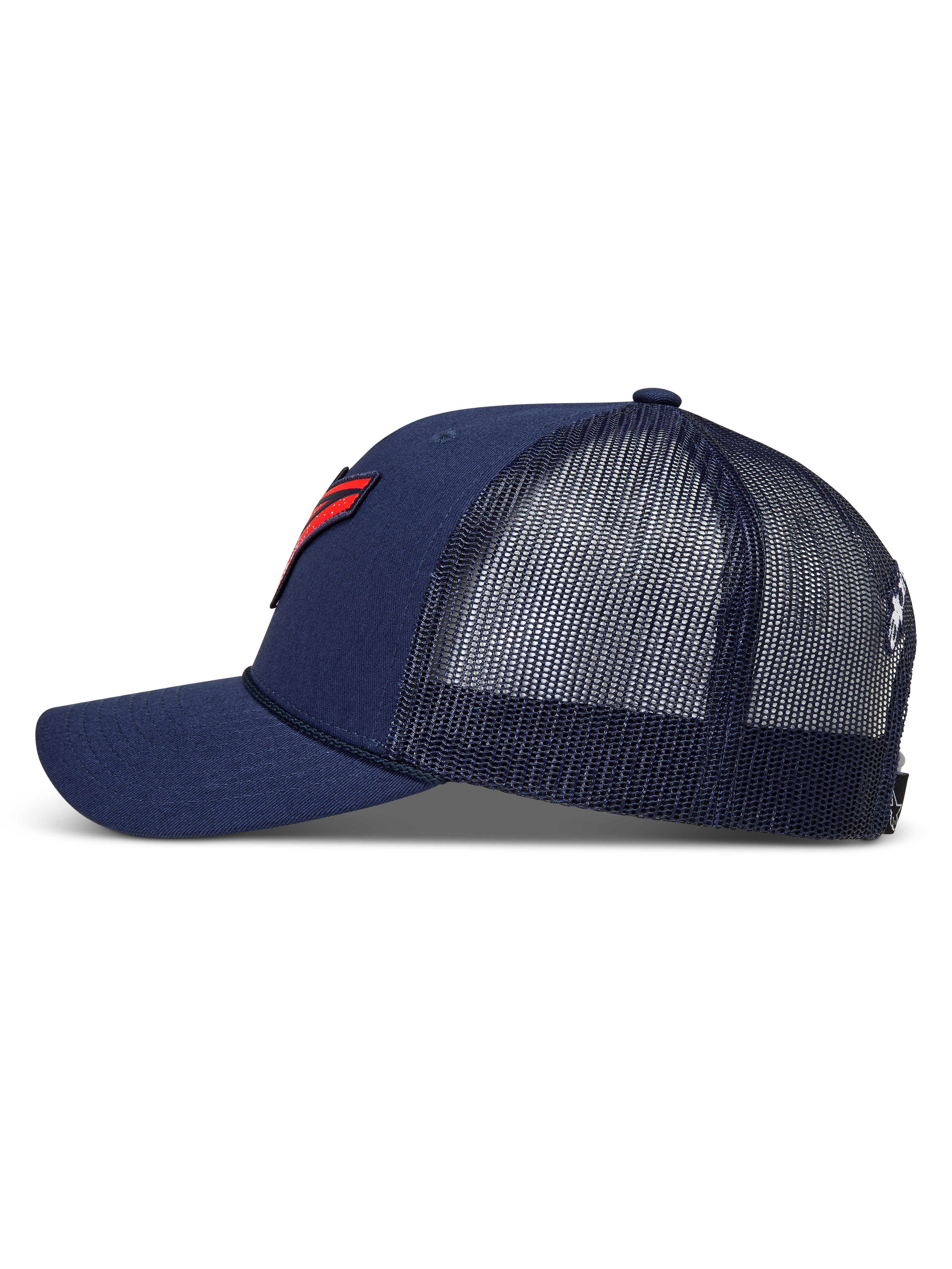 Alpinestars Meteorite keps, mörkblå truckerkeps med nätbaksida, böjd skärm och röd logotyp-patch.