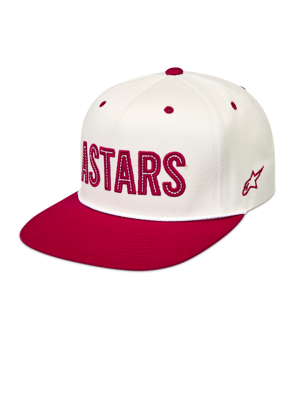 Alpinestars Stadium Snapback hatt, vit och röd keps med strukturerad krona, platt skärm och främre Astars-logotyp.