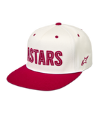 Alpinestars Stadium Snapback hatt, vit och röd keps med strukturerad krona, platt skärm och främre Astars-logotyp.