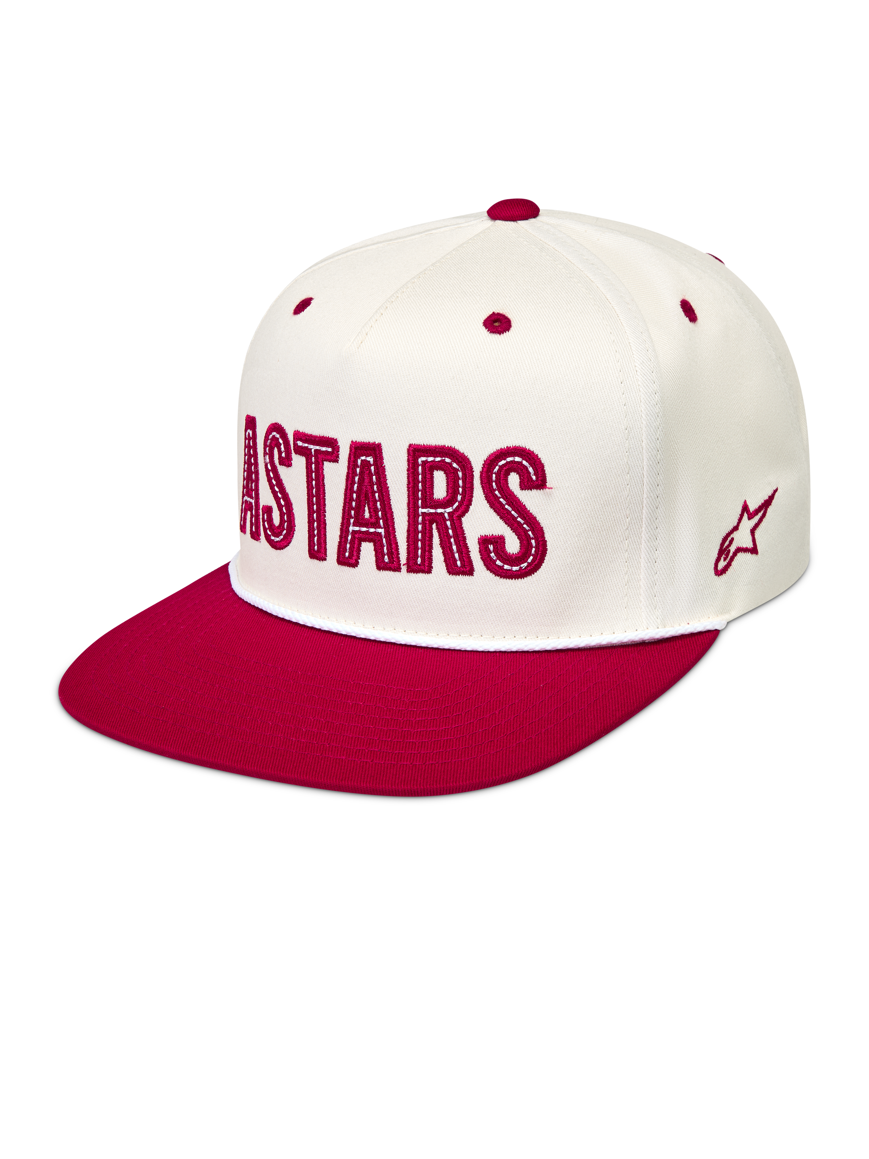 Alpinestars Stadium Snapback hatt, vit och röd keps med strukturerad krona, platt skärm och främre Astars-logotyp.