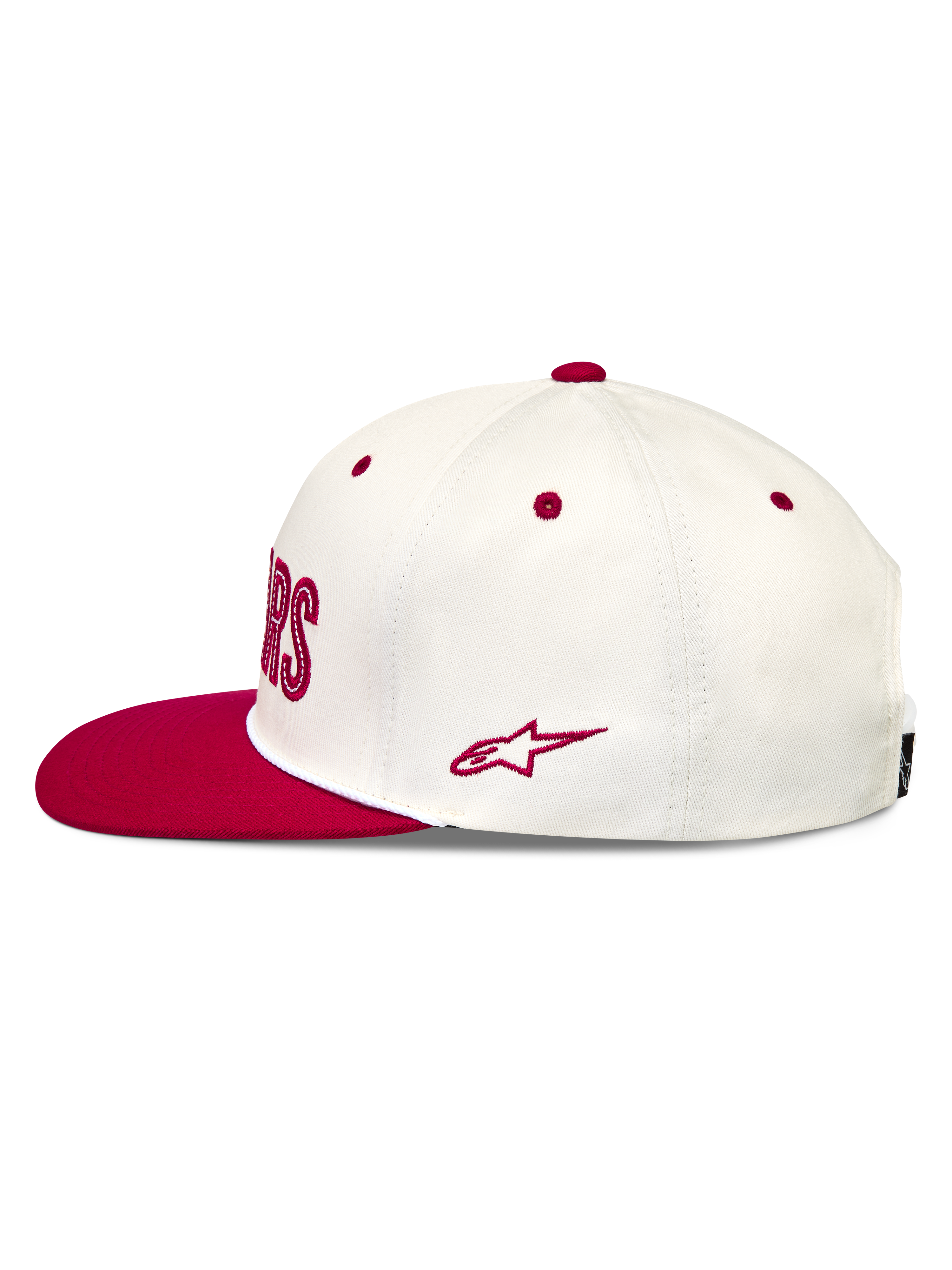 Alpinestars Stadium Snapback Hatt, naturvit och röd keps i bomullstwill med platt skärm och broderad Astars-logotyp.
