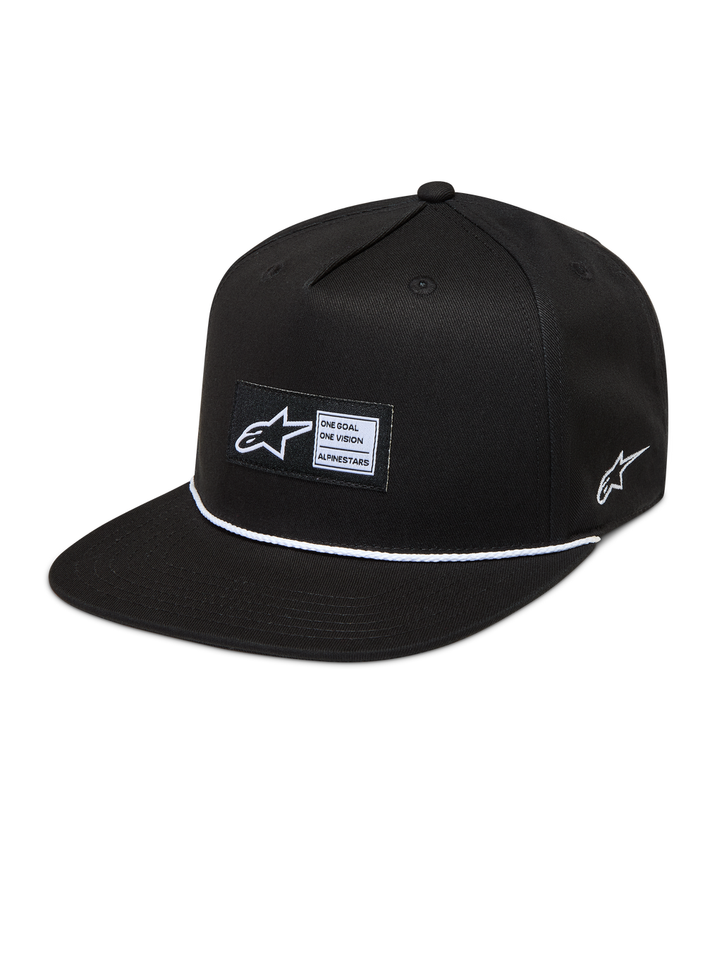 Alpinestars Label Snapback keps, svart keps med platt skärm, vävd etikett och vit repdetalj, strukturerad krona.