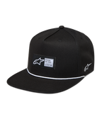 Alpinestars Label Snapback keps, svart keps med platt skärm, vävd etikett och vit repdetalj, strukturerad krona.