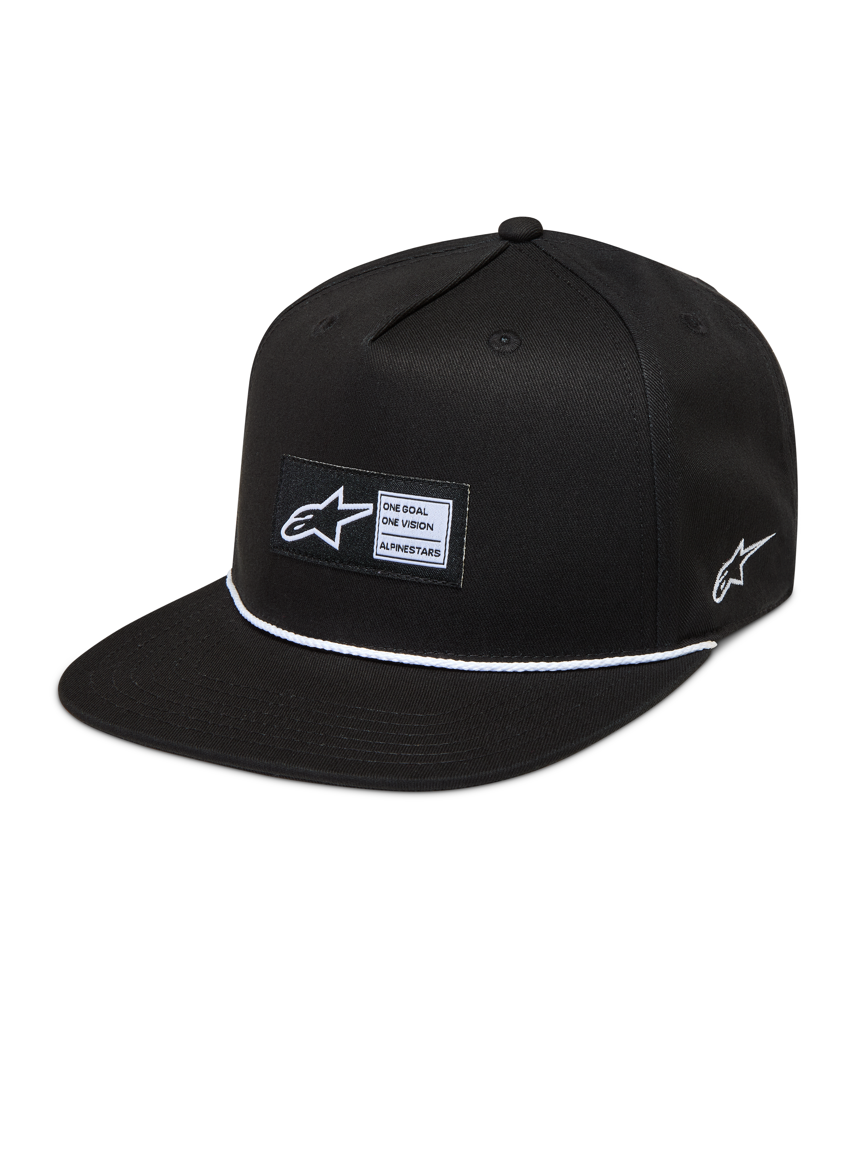 Alpinestars Label Snapback keps, svart keps med platt skärm, vävd etikett och vit repdetalj, strukturerad krona.