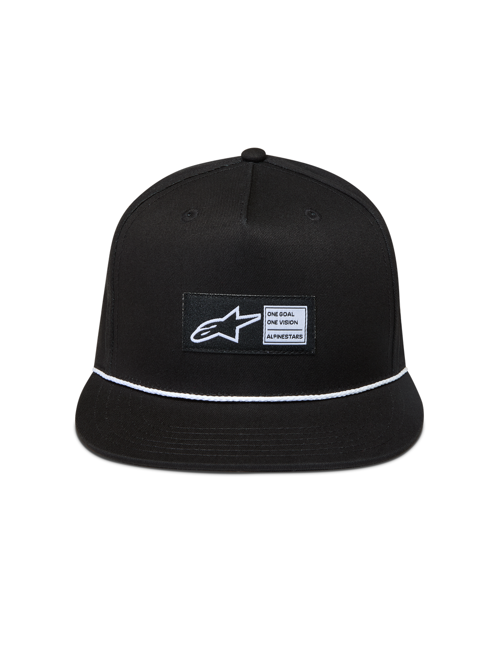 Alpinestars Label Snapback keps, svart keps i twill med platt skärm, vitt flätat rep och vävd Astars-logotyp.