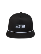 Alpinestars Label Snapback keps, svart keps i twill med platt skärm, vitt flätat rep och vävd Astars-logotyp.