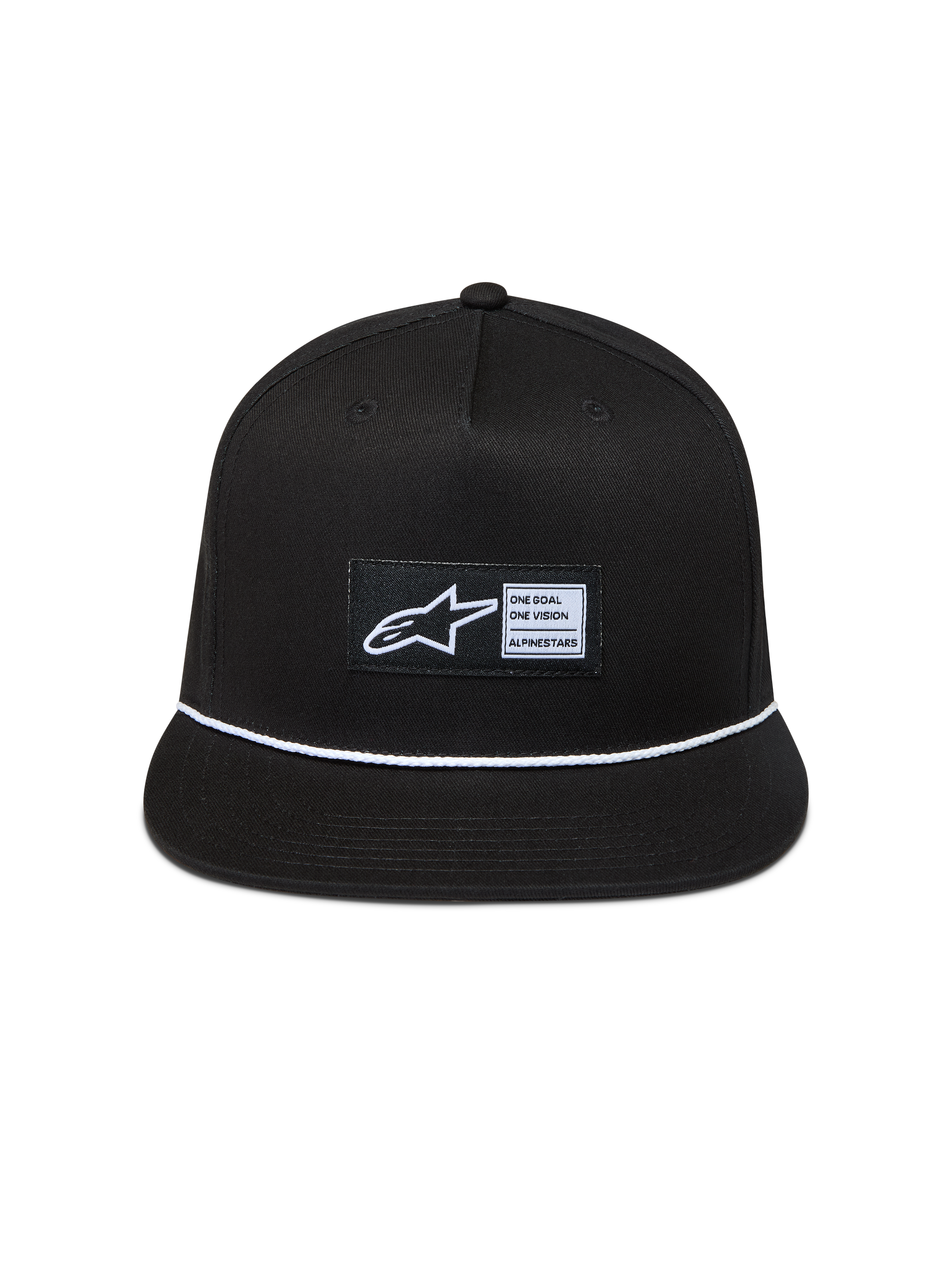 Alpinestars Label Snapback keps, svart keps i twill med platt skärm, vitt flätat rep och vävd Astars-logotyp.