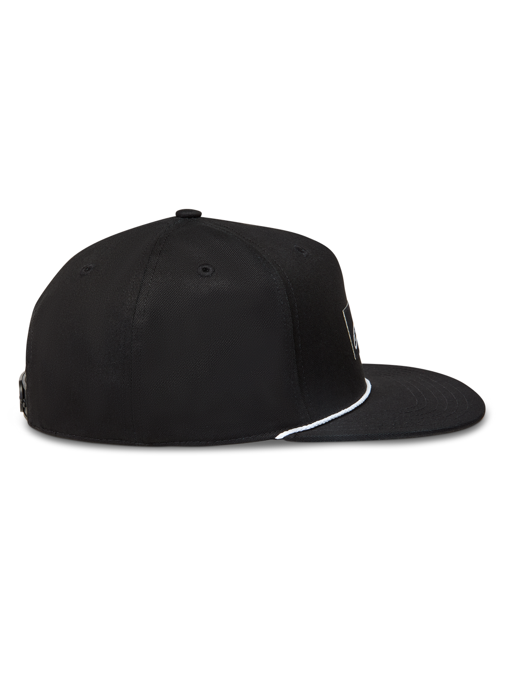 Alpinestars Label Snapback keps, svart sportkeps med platt skärm, strukturerad krona och vit snördetalj, sidoprofil.