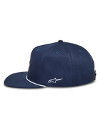 Alpinestars Label Snapback Hat, Navy Blue Sportswear Cap with flat bill and white Astars logo embroidery on the side.
