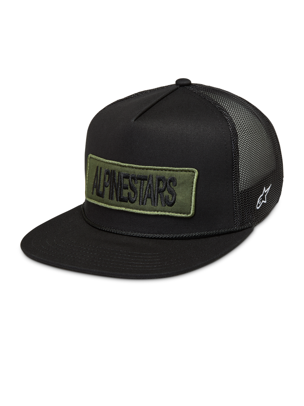 Alpinestars Ten Trucker keps, svart med olivgrönt broderat logomärke, vit sidologotyp och meshbaksida.