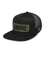 Alpinestars Ten Trucker keps, svart med olivgrönt broderat logomärke, vit sidologotyp och meshbaksida.