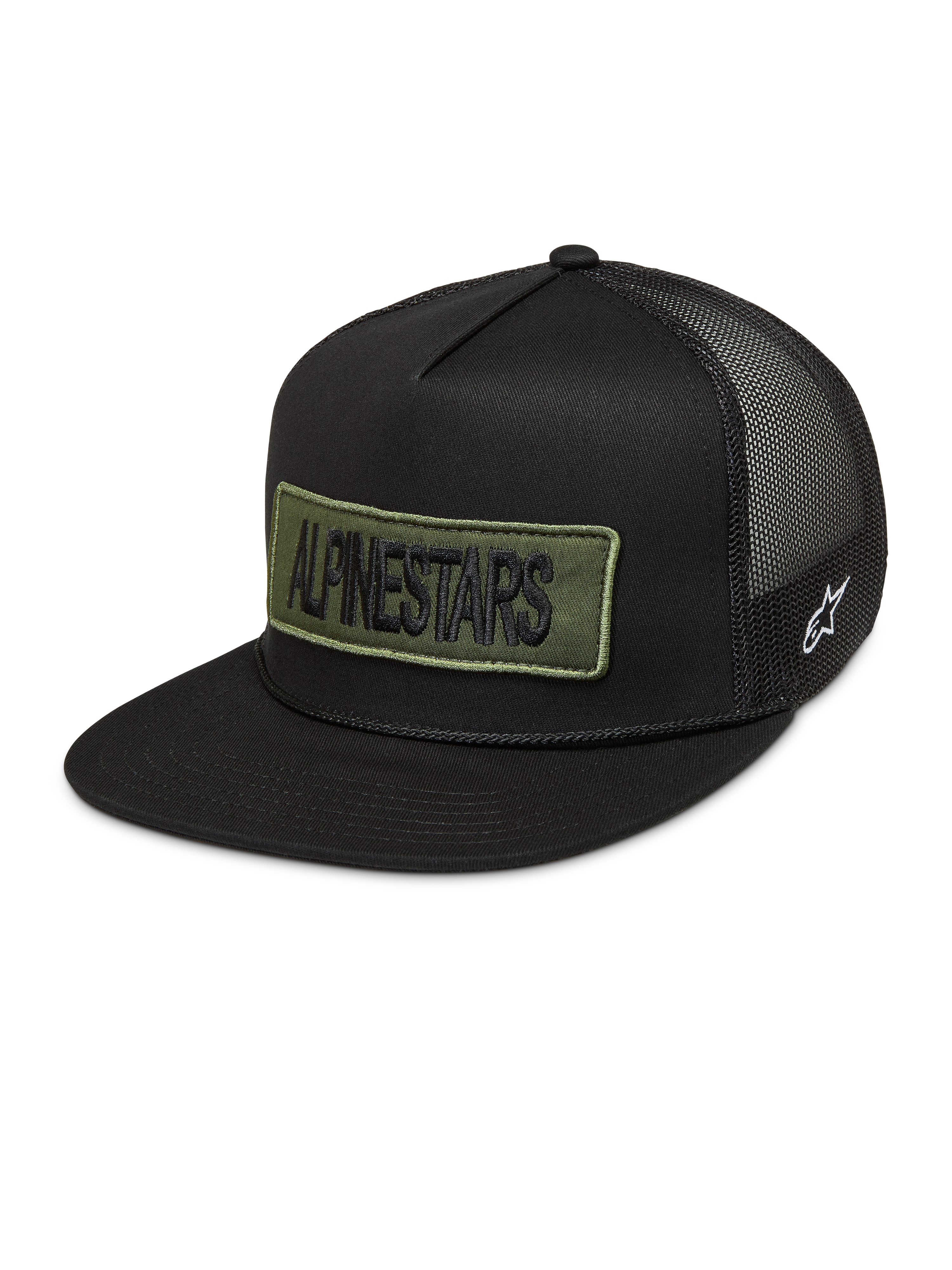 Alpinestars Ten Trucker keps, svart med olivgrönt broderat logomärke, vit sidologotyp och meshbaksida.