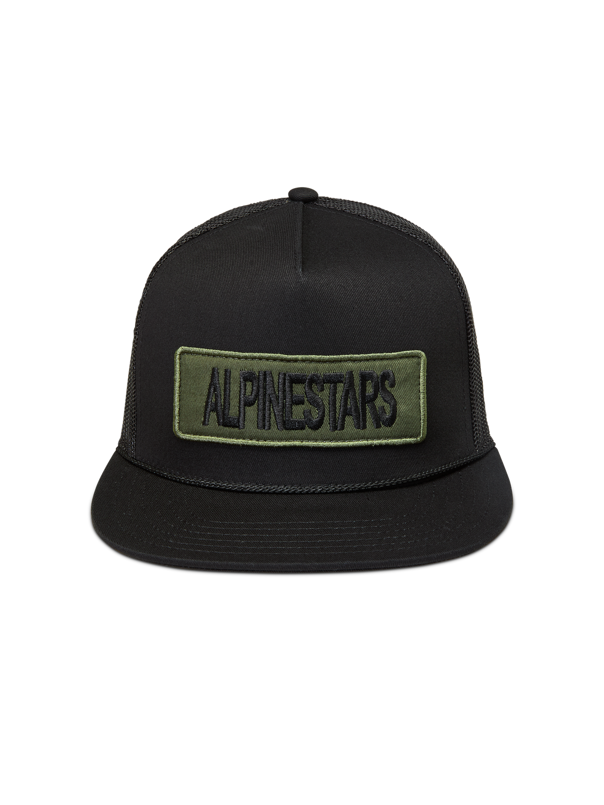 Alpinestars Ten Trucker keps, svart truckerkeps med platt skärm och olivgrön broderad logotyppatch