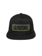 Alpinestars Ten Trucker keps, svart truckerkeps med platt skärm och olivgrön broderad logotyppatch