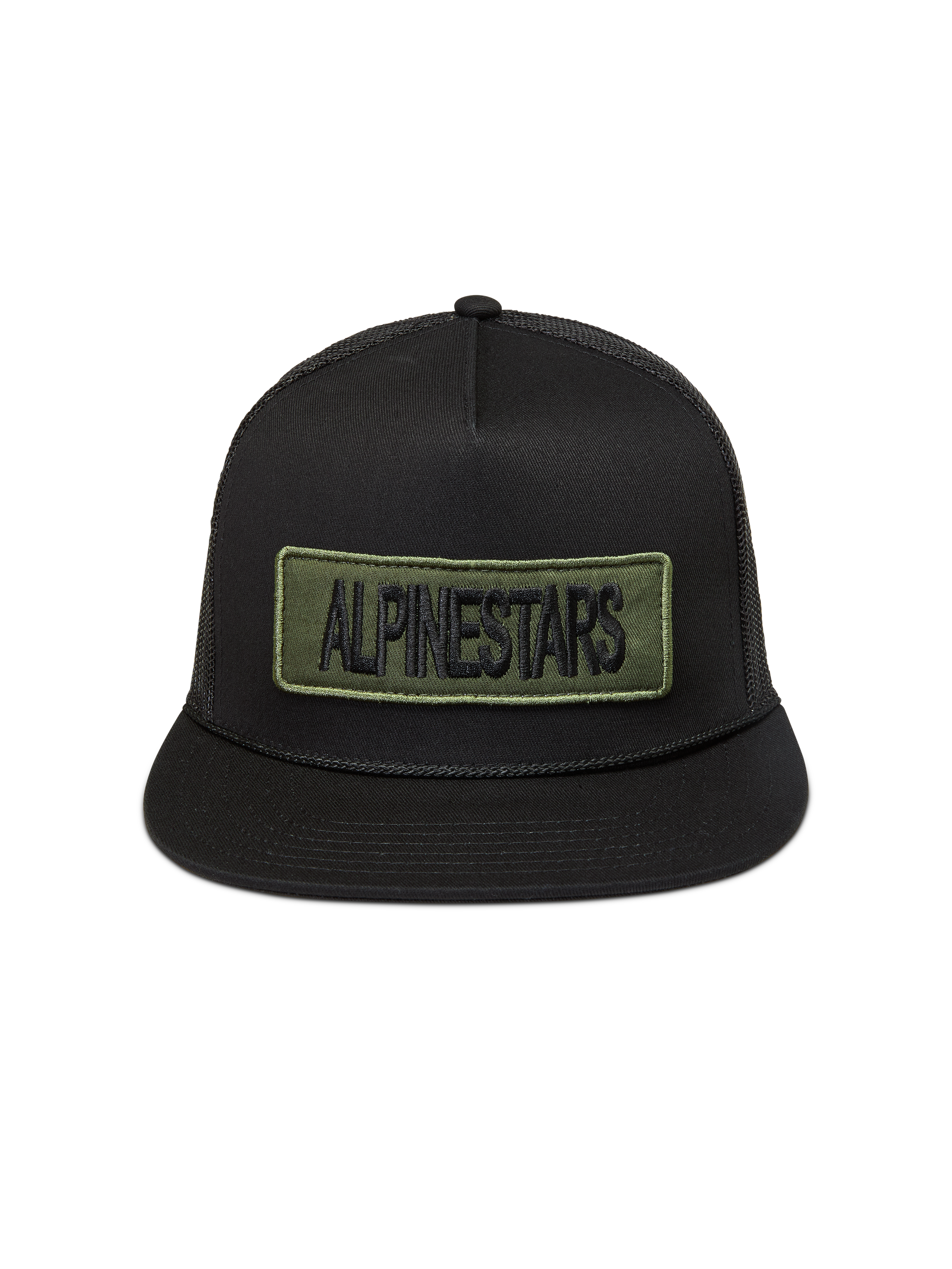 Alpinestars Ten Trucker keps, svart truckerkeps med platt skärm och olivgrön broderad logotyppatch