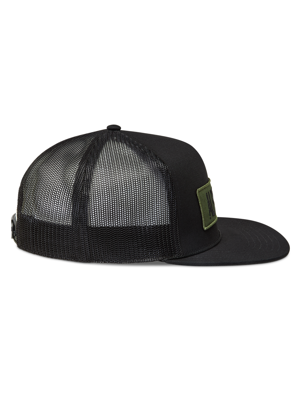 Alpinestars Ten Trucker keps, svart keps med andningsbar meshbaksida, platt skärm och olivgrönt logotypmärke.