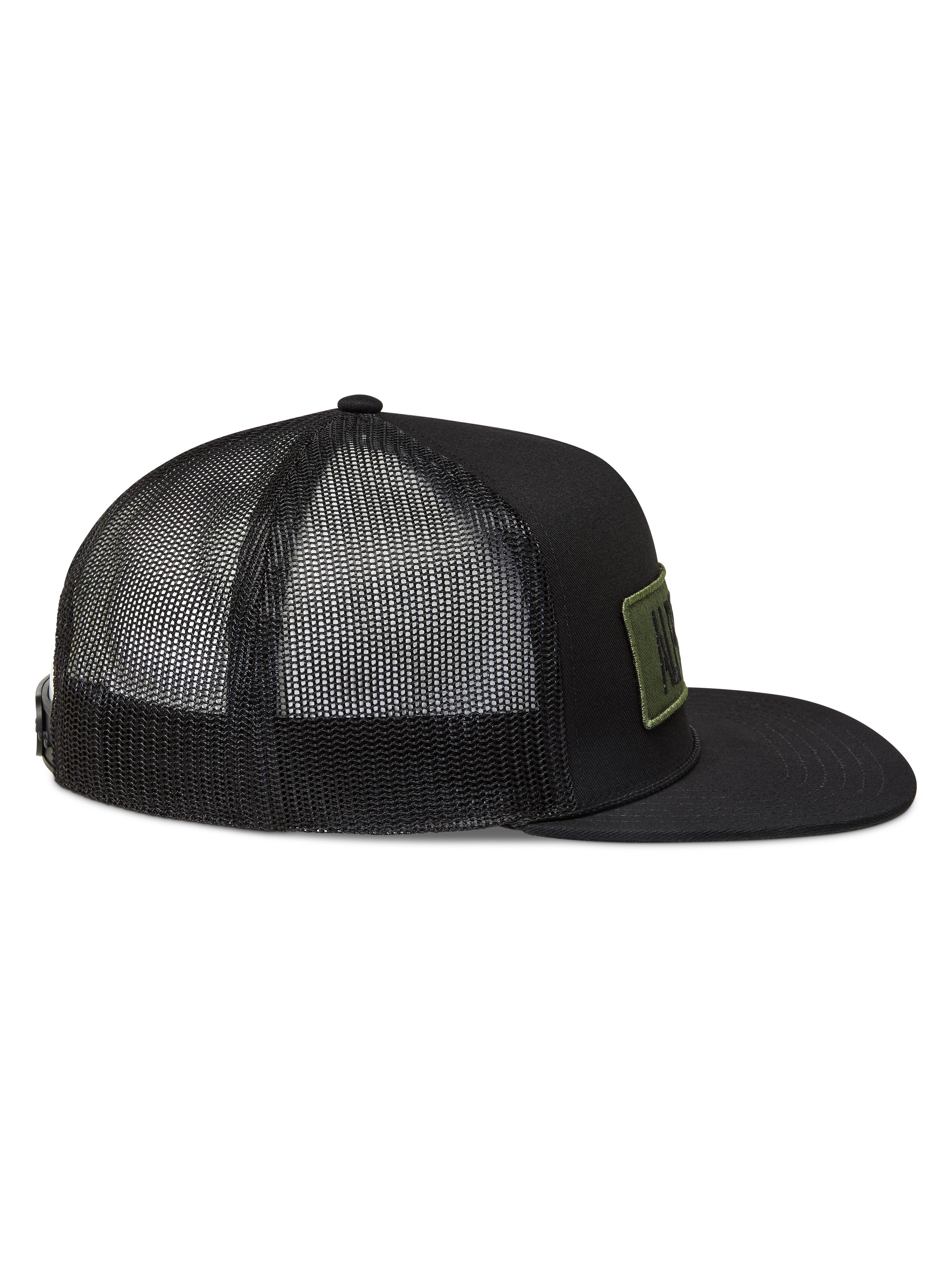Alpinestars Ten Trucker keps, svart keps med andningsbar meshbaksida, platt skärm och olivgrönt logotypmärke.