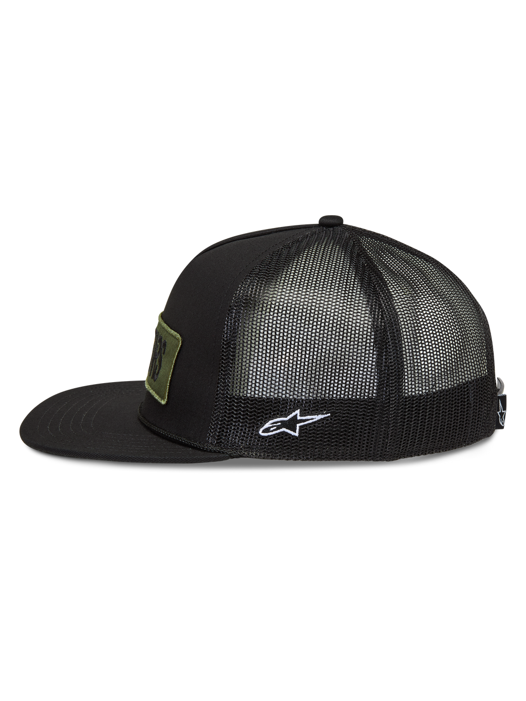 Alpinestars Ten Trucker keps, svart sportkeps med platt skärm, nätbaksida och vit broderad Astars-sidologotyp.