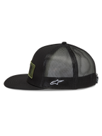 Alpinestars Ten Trucker keps, svart sportkeps med platt skärm, nätbaksida och vit broderad Astars-sidologotyp.