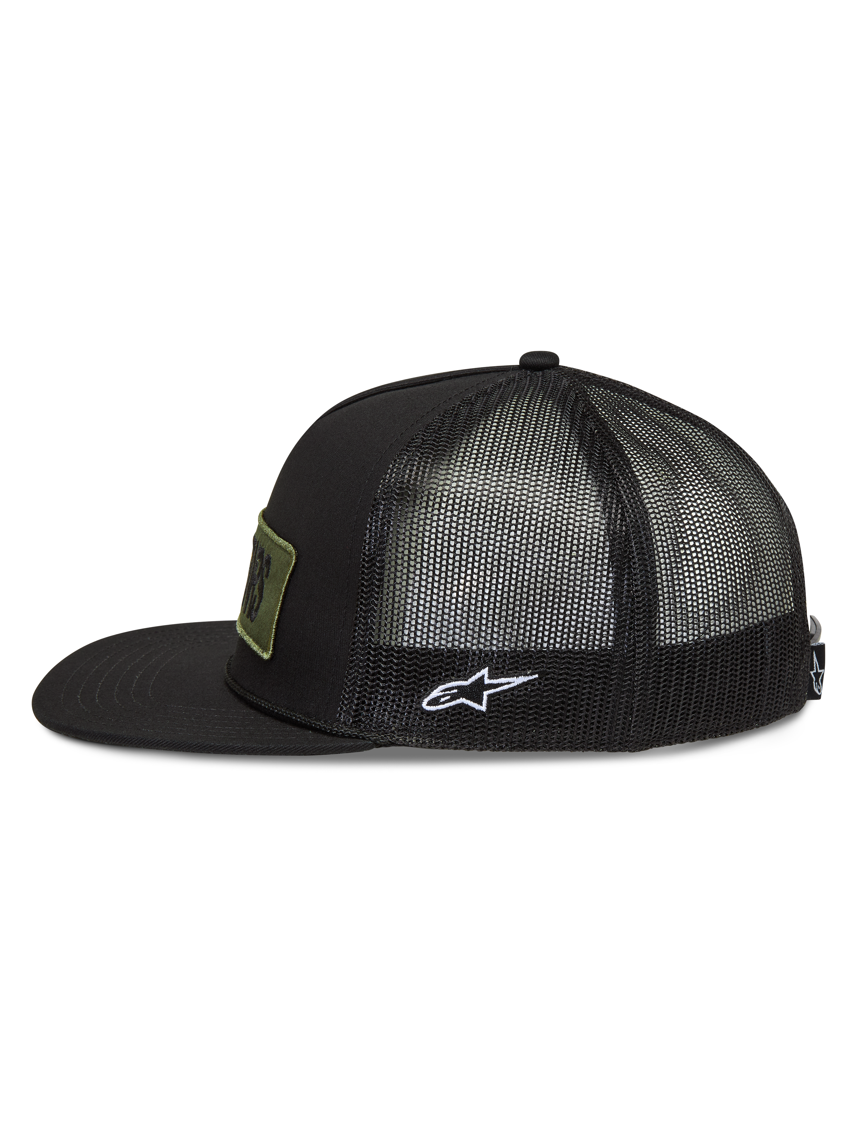 Alpinestars Ten Trucker keps, svart sportkeps med platt skärm, nätbaksida och vit broderad Astars-sidologotyp.