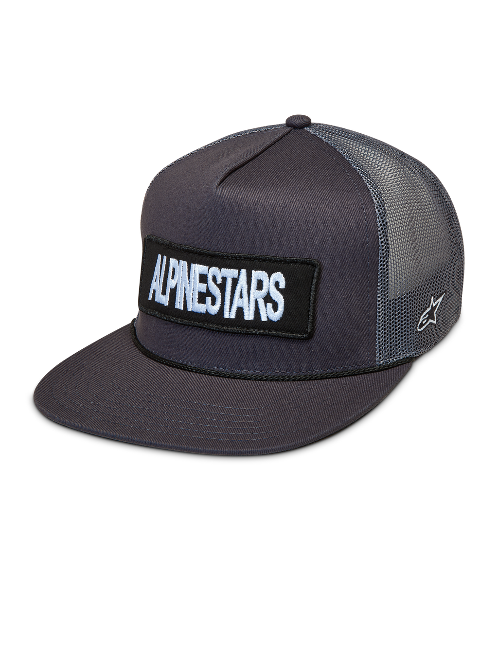 Alpinestars Ten Trucker keps, mörkgrå keps med platt skärm, broderad logotyp fram och ventilerande meshpaneler.