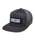 Alpinestars Ten Trucker keps, mörkgrå keps med platt skärm, broderad logotyp fram och ventilerande meshpaneler.